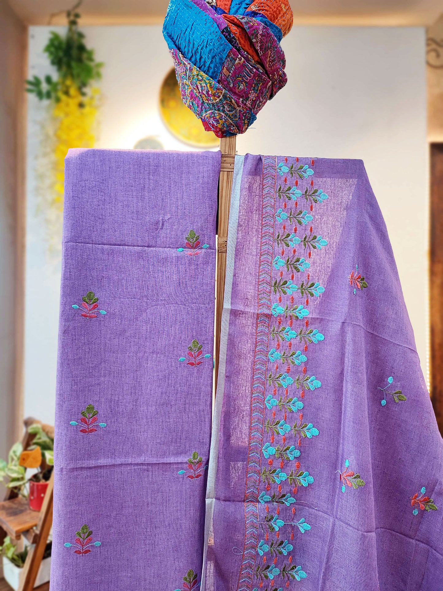 Lilac Pure Linen Suit Set With Embroidery