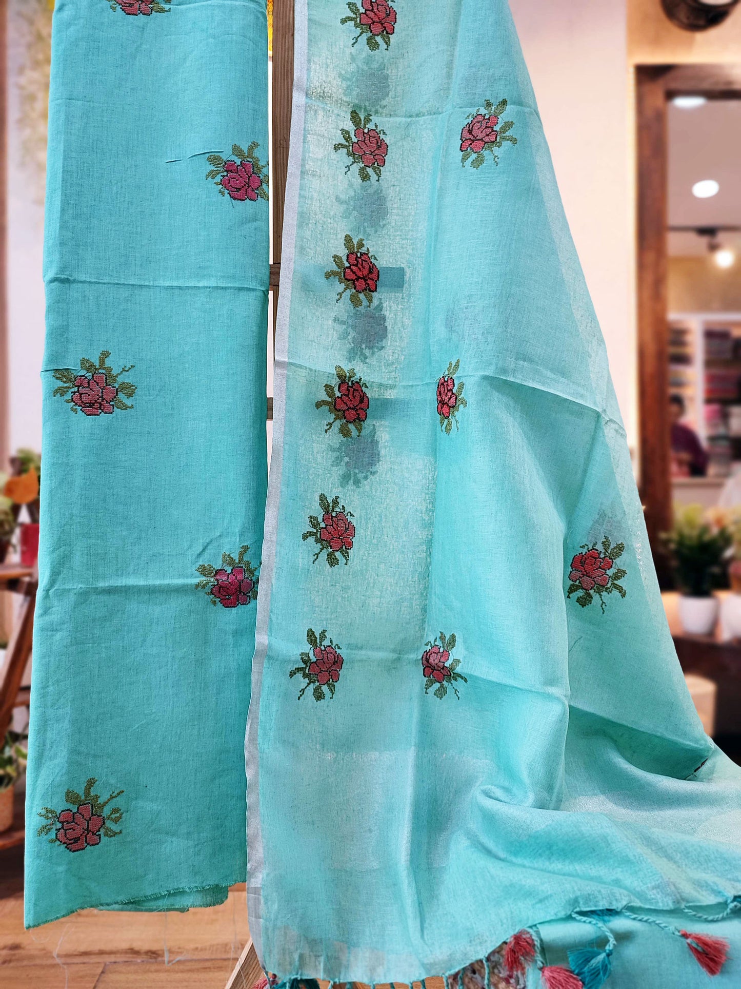 Cyan Pure Linen Suit Set With Embroidery