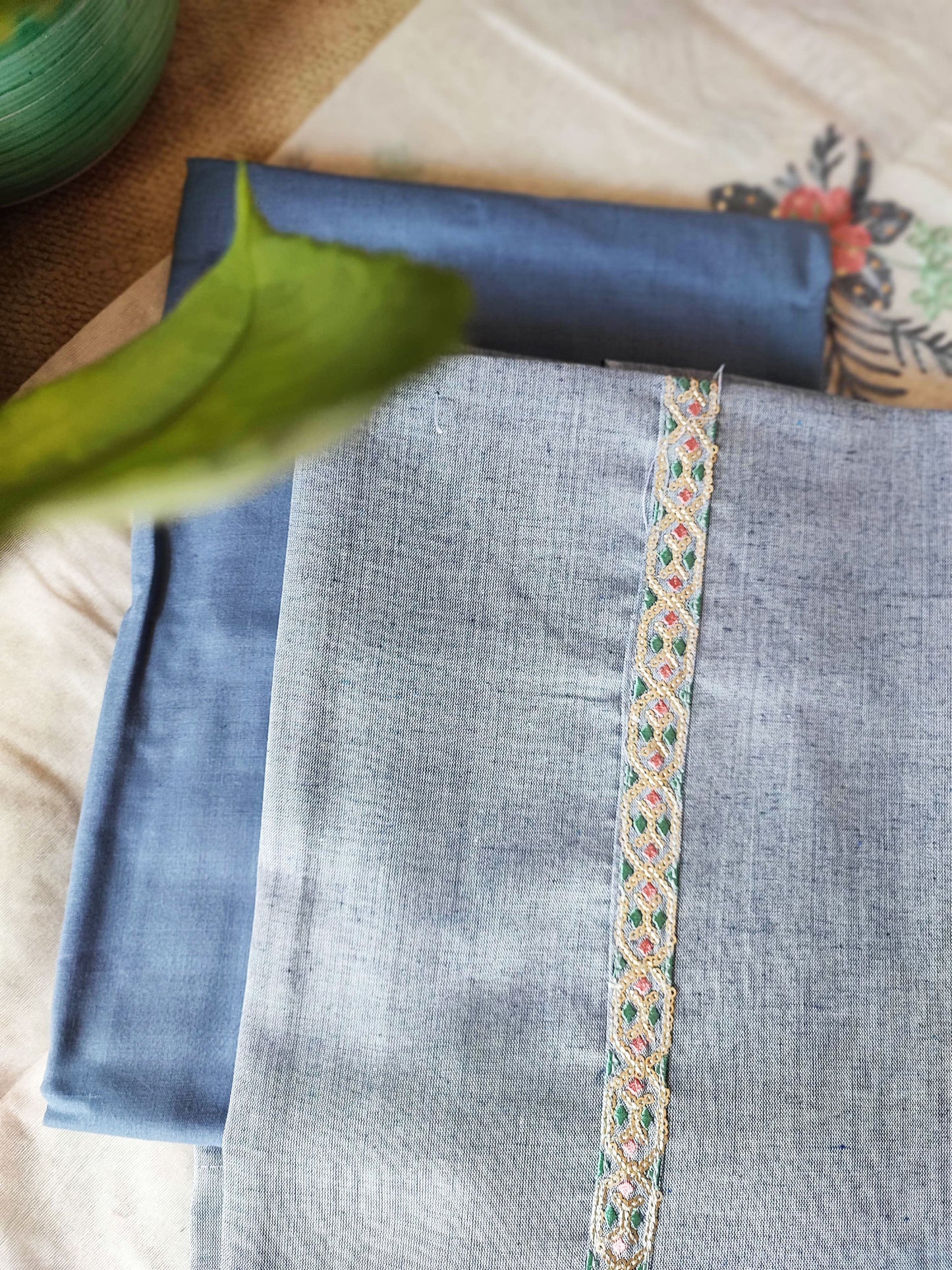 Pastel Lapis Blue Cotton Suit Set With Embroidery