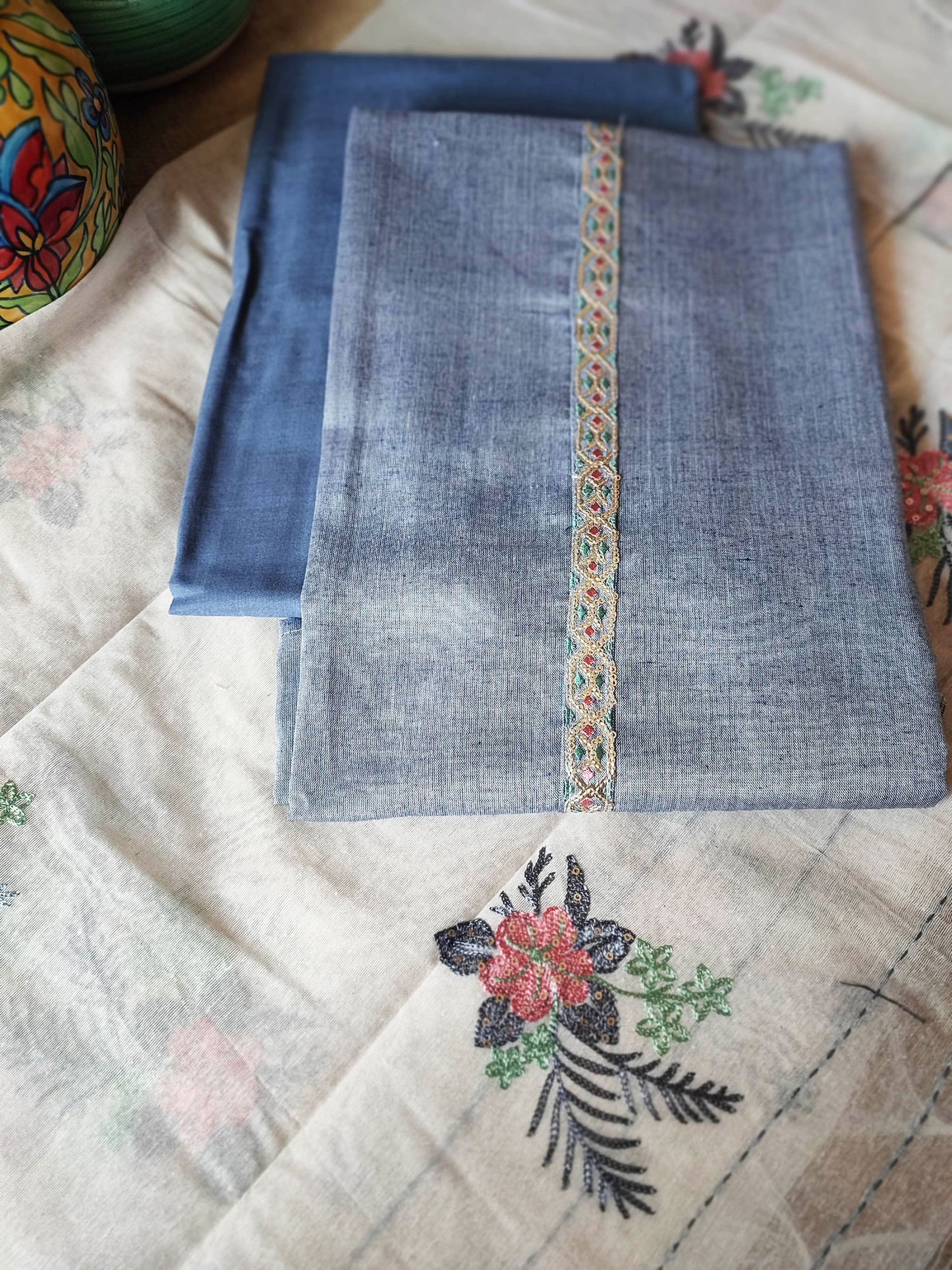 Pastel Lapis Blue Cotton Suit Set With Embroidery