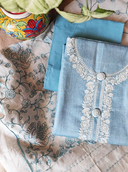 Sky Blue Cotton Suit Set With Embroidery