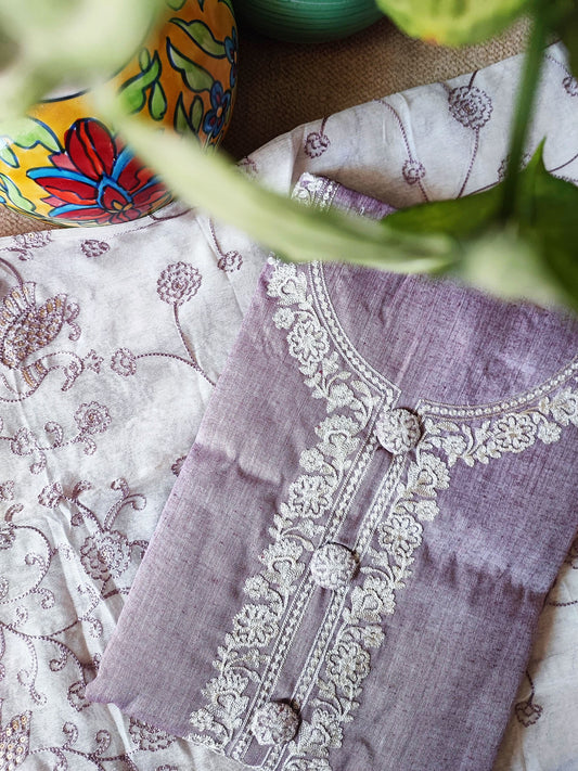 Lilac Cotton Suit Set With Embroidery