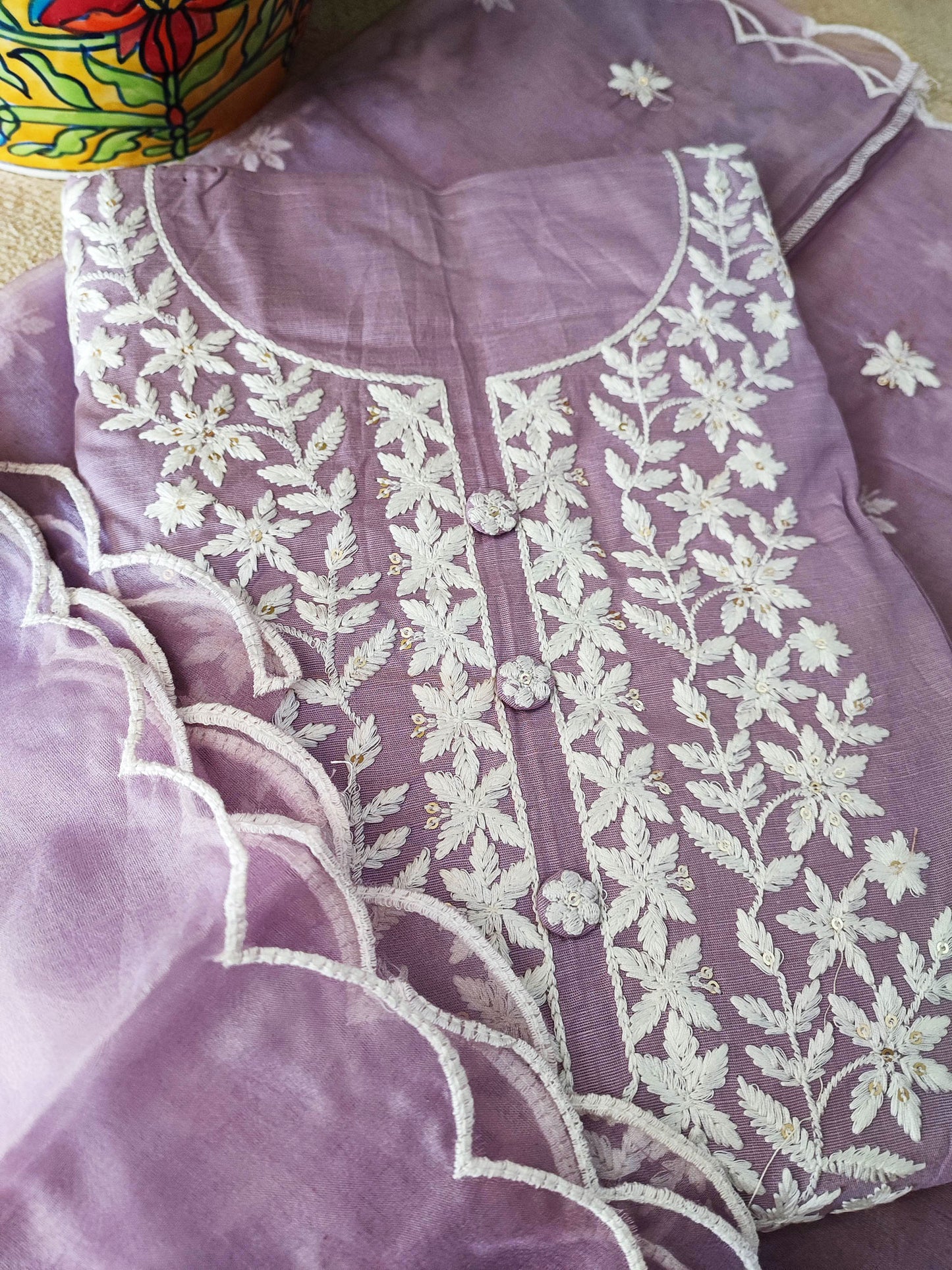 Periwinkle Cotton Suit Set With Embroidery & Semi Organza Dupatta