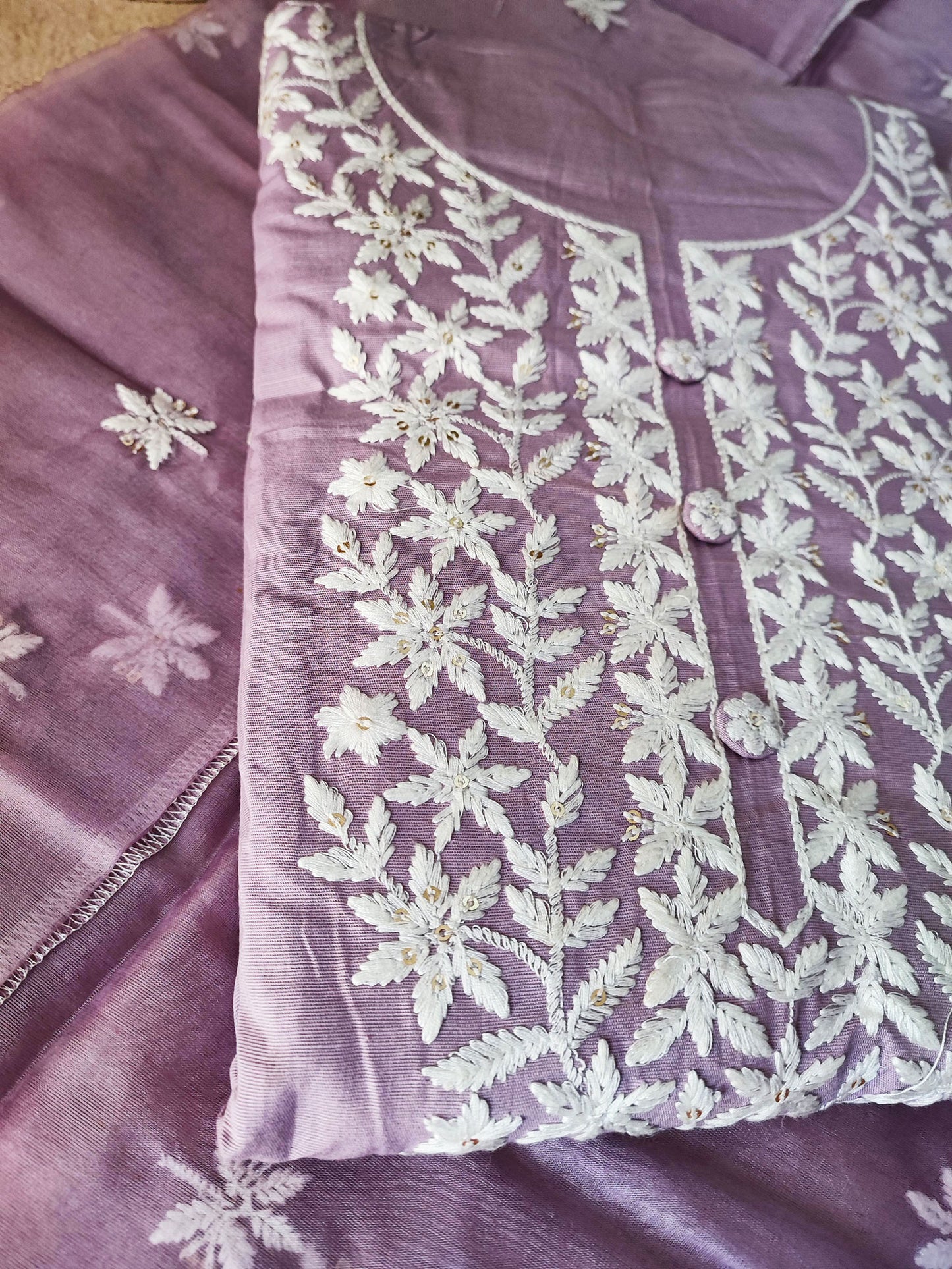 Periwinkle Cotton Suit Set With Embroidery & Semi Organza Dupatta