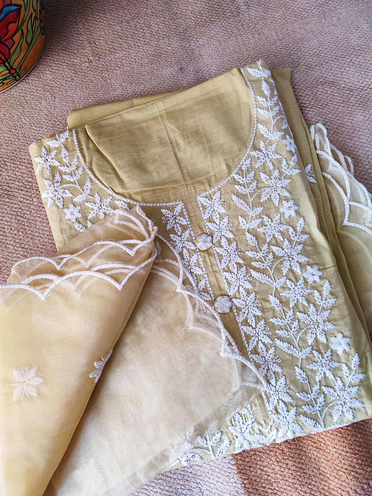 Creamish Beige Cotton Suit Set With Embroidery & Semi Organza Dupatta