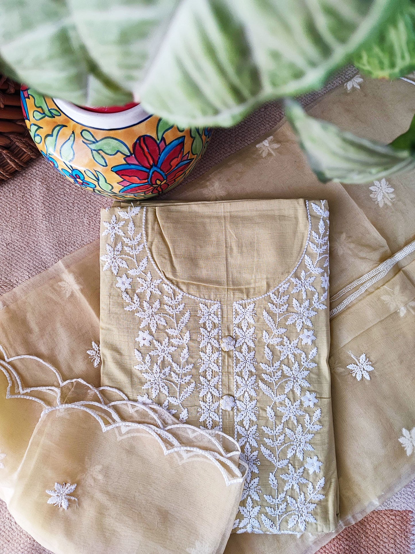Creamish Beige Cotton Suit Set With Embroidery & Semi Organza Dupatta