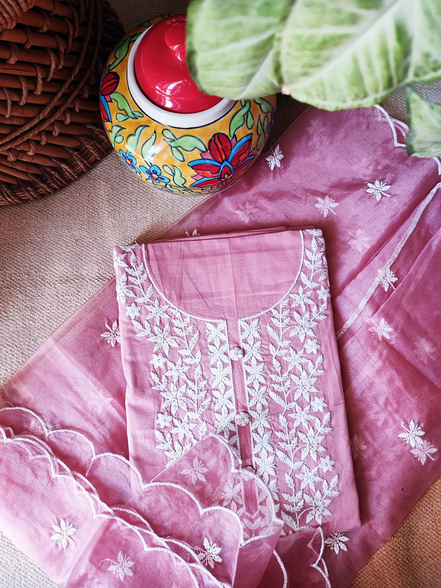 Bubblegum Pink Cotton Suit Set With Embroidery & Semi Organza Dupatta