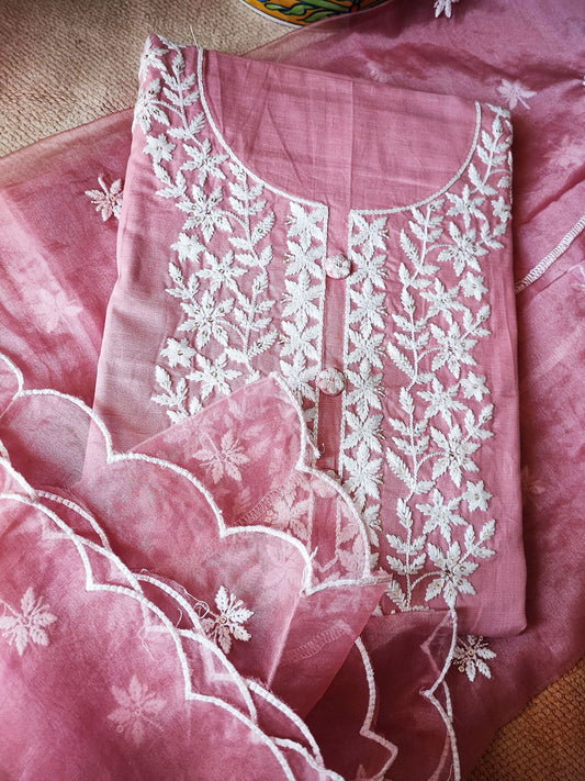 Bubblegum Pink Cotton Suit Set With Embroidery & Semi Organza Dupatta