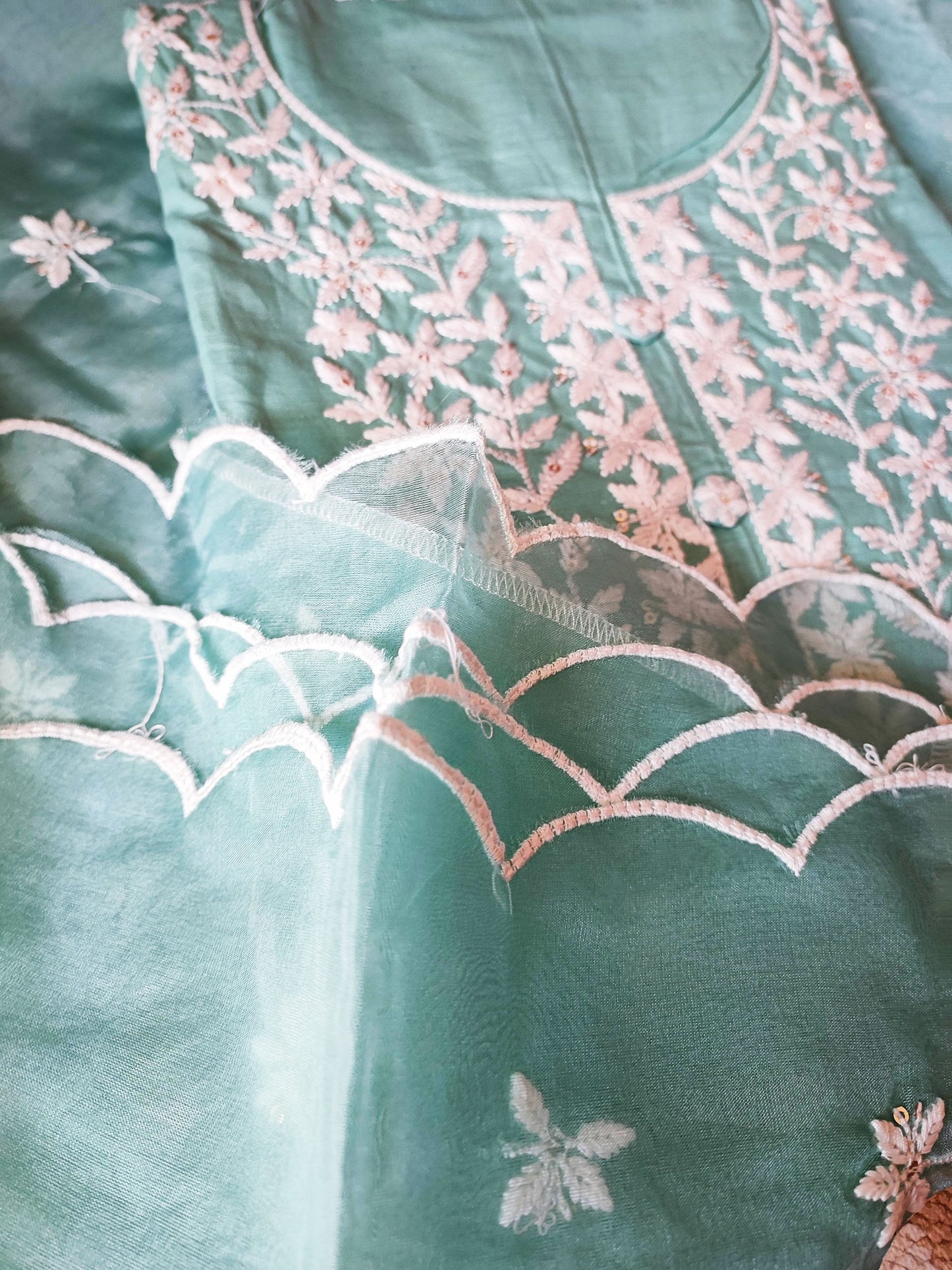 Firozi Cotton Suit Set With Embroidery & Semi Organza Dupatta