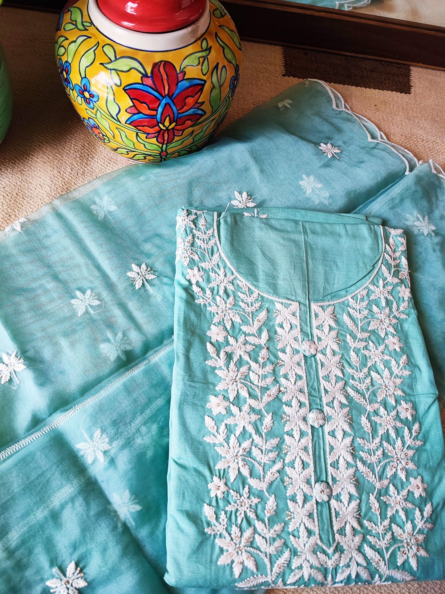 Firozi Cotton Suit Set With Embroidery & Semi Organza Dupatta