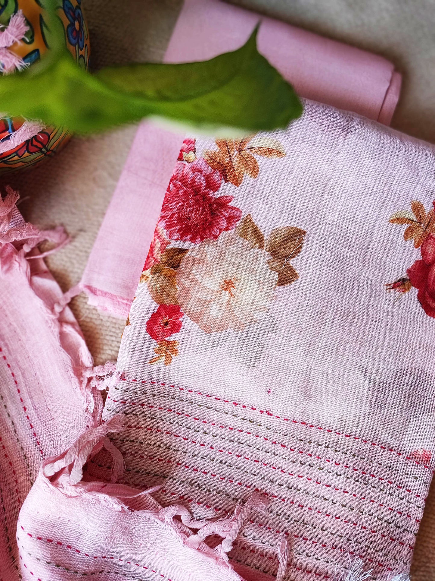 Cameo Pink Pure Linen Suit Set With Embroidery