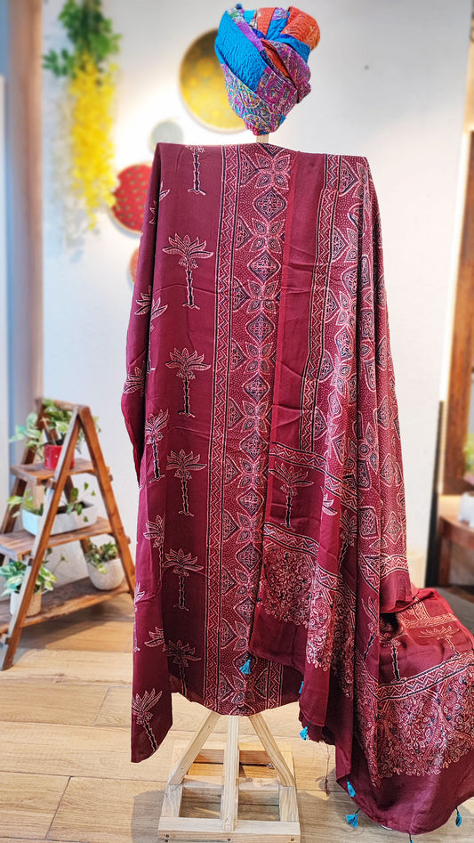 Berry Red Premium Ajrakh Modal Silk Handblock Printed Suit Set