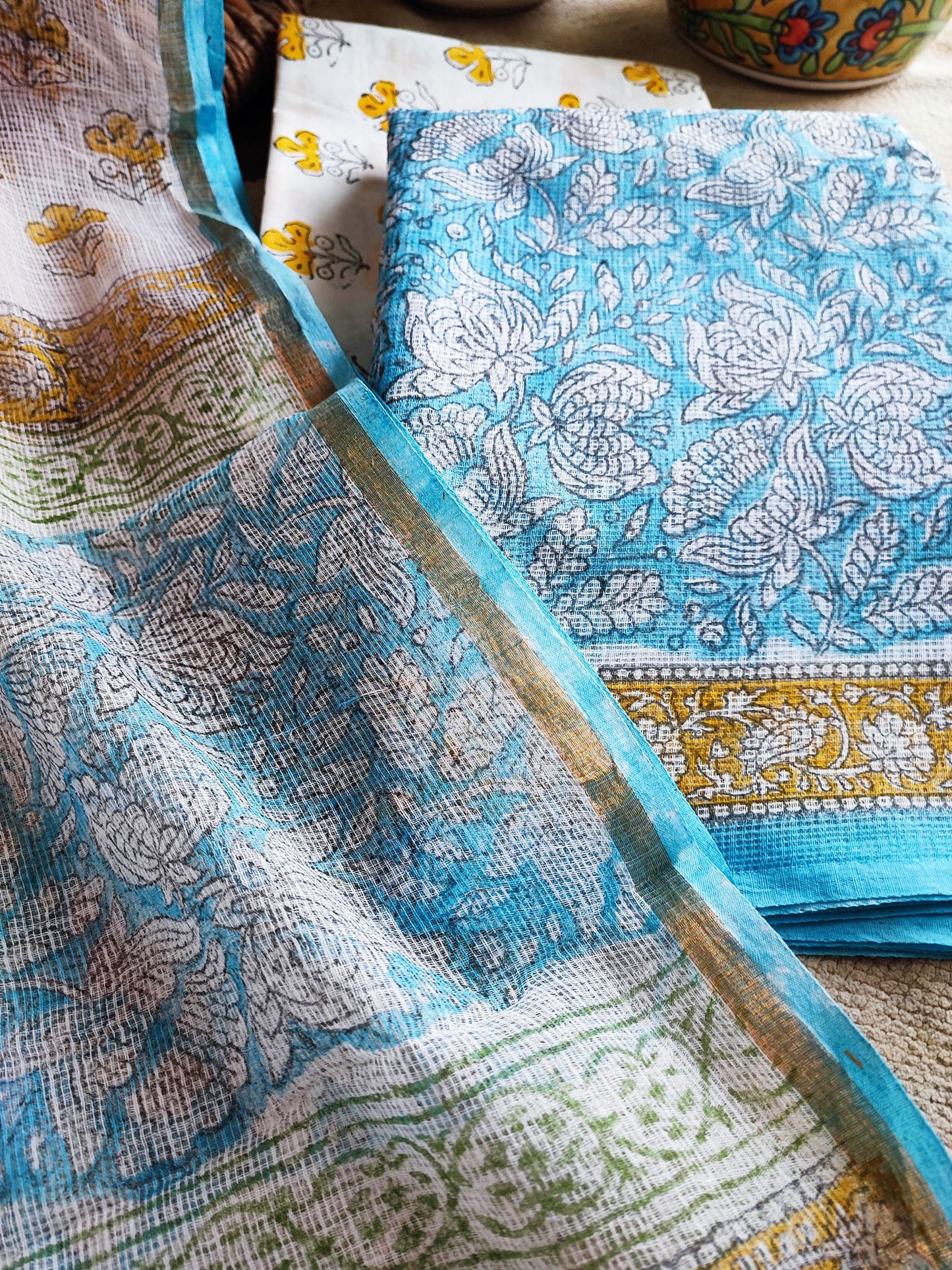 Sky Blue & Mustard Block Print Kota Suit Set