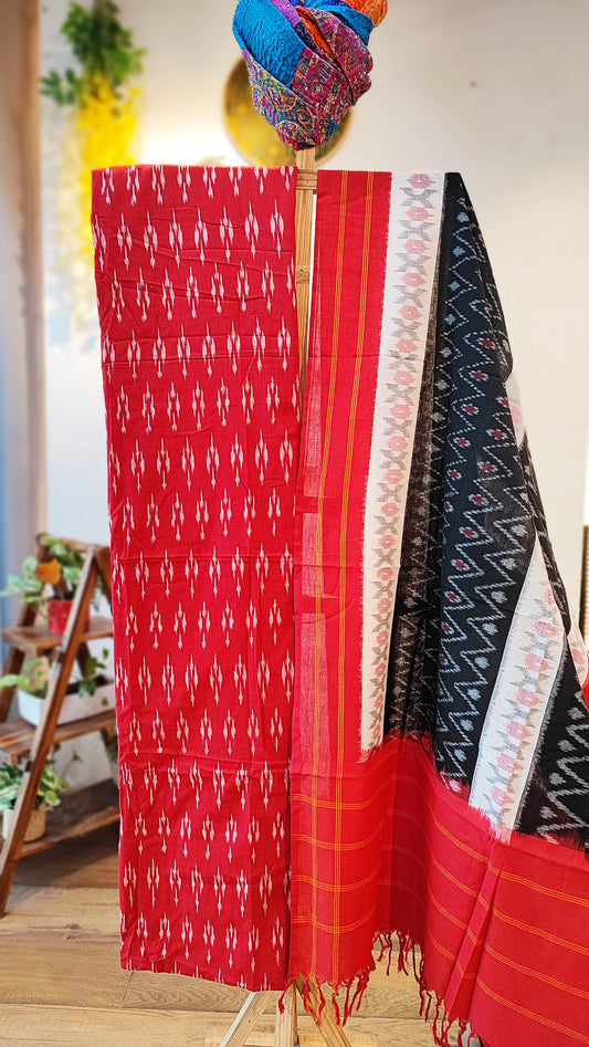 Red & Black Pure Cotton Handloom Ikkat Suit Set