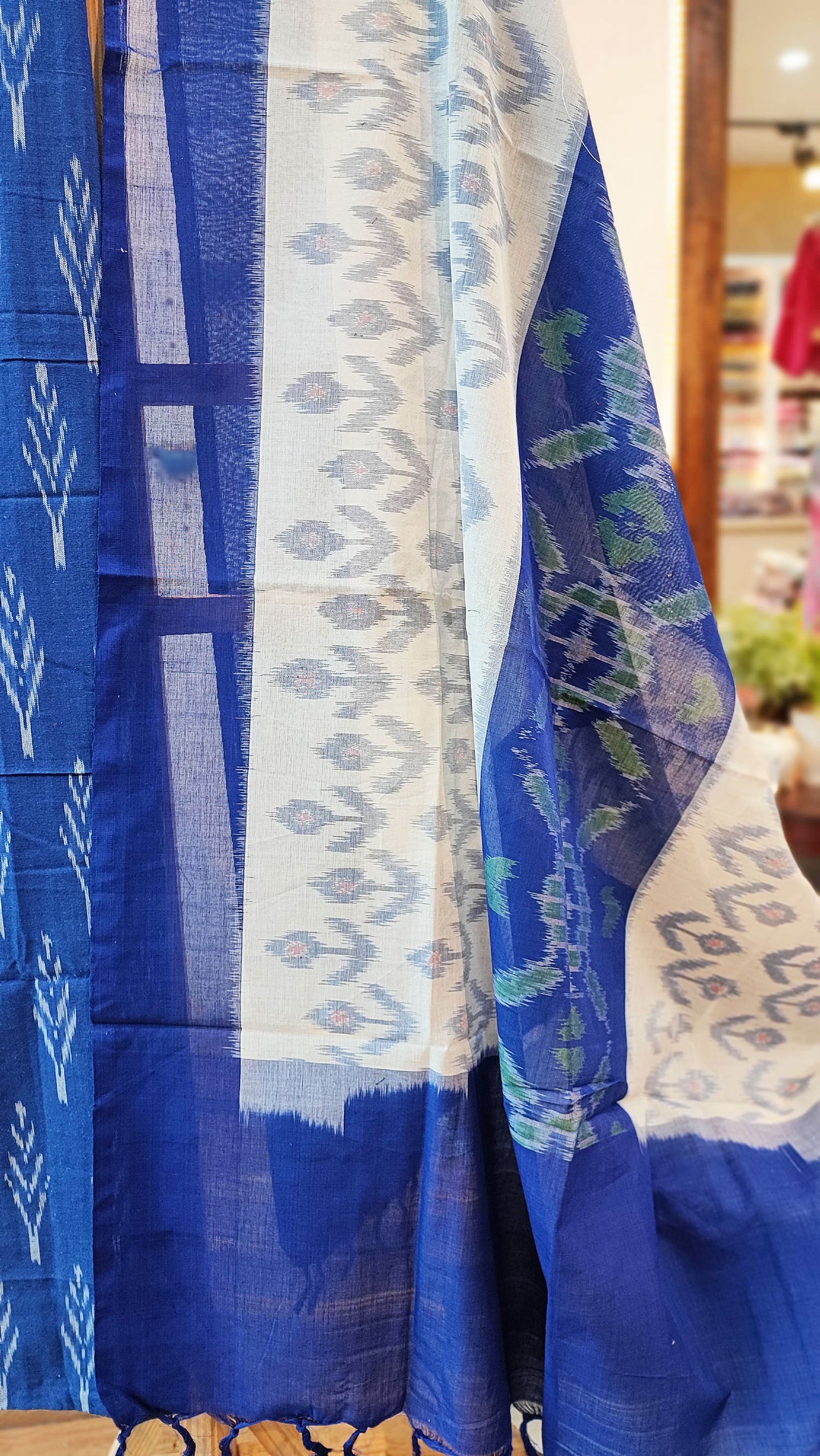 Cobalt Blue & White Pure Cotton Handloom Ikkat Suit Set