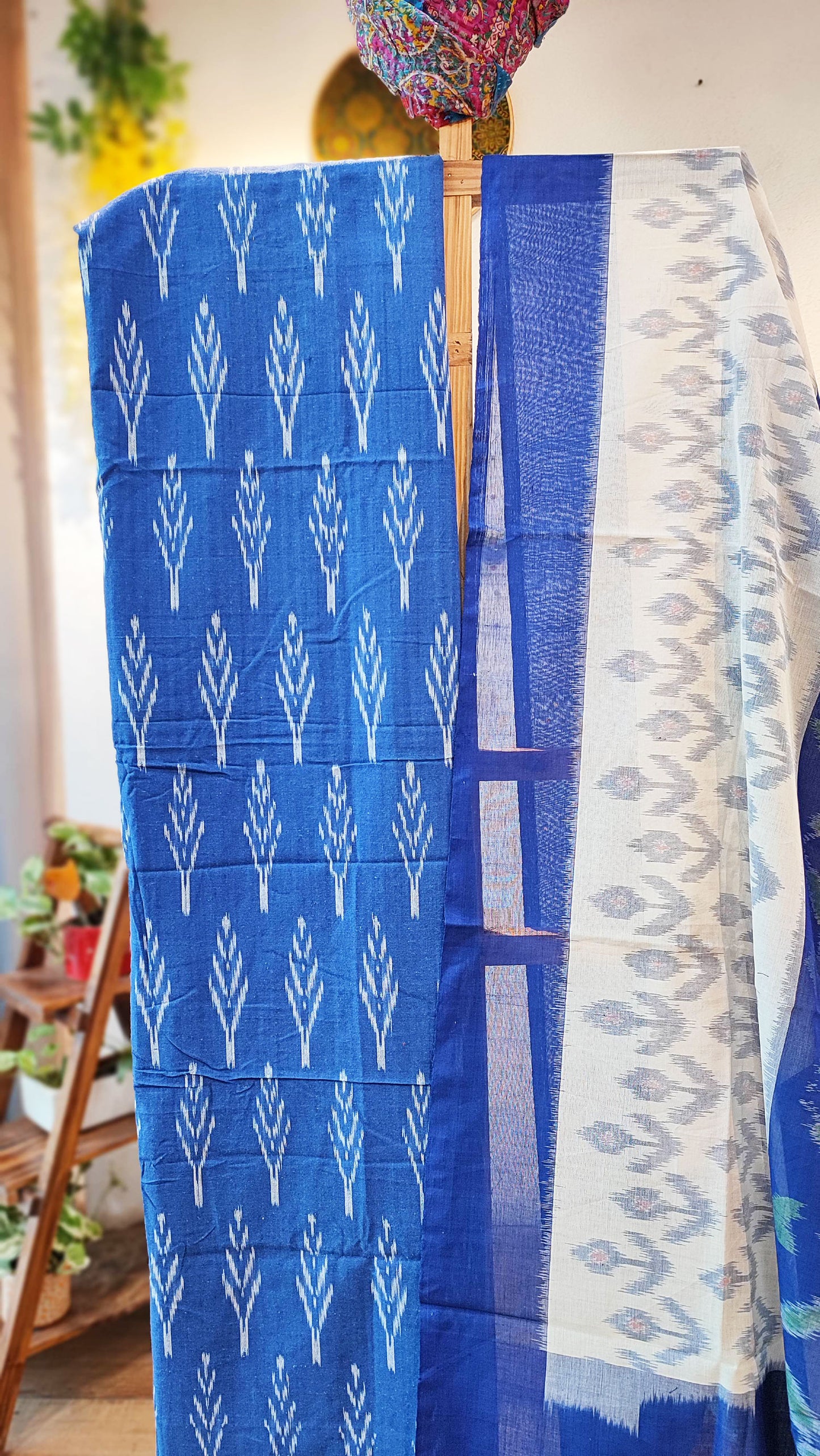Cobalt Blue & White Pure Cotton Handloom Ikkat Suit Set