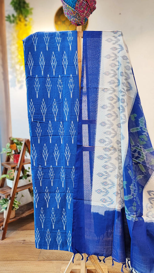 Cobalt Blue & White Pure Cotton Handloom Ikkat Suit Set