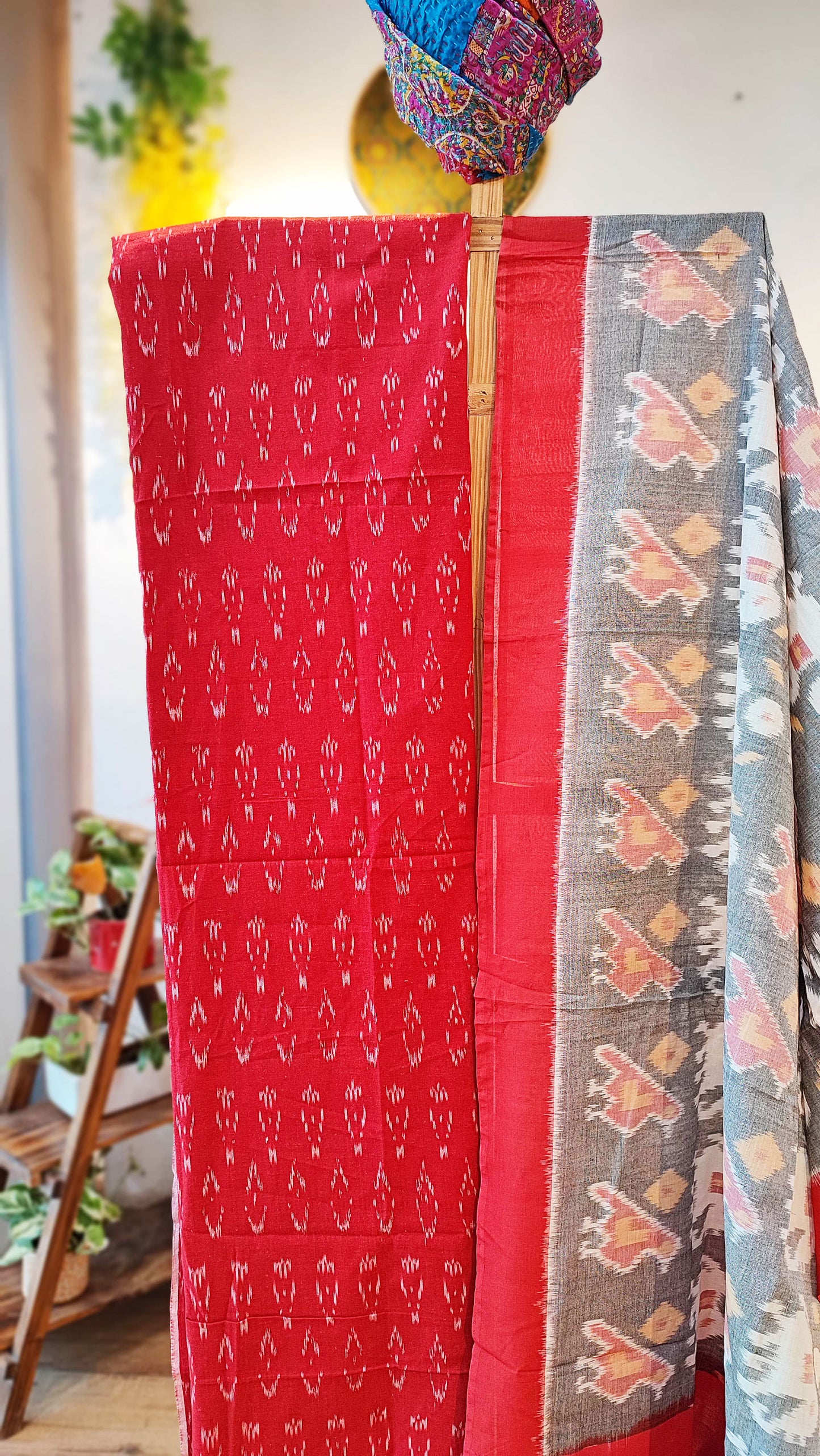 Red & Light Gray Pure Cotton Handloom Ikkat Suit Set