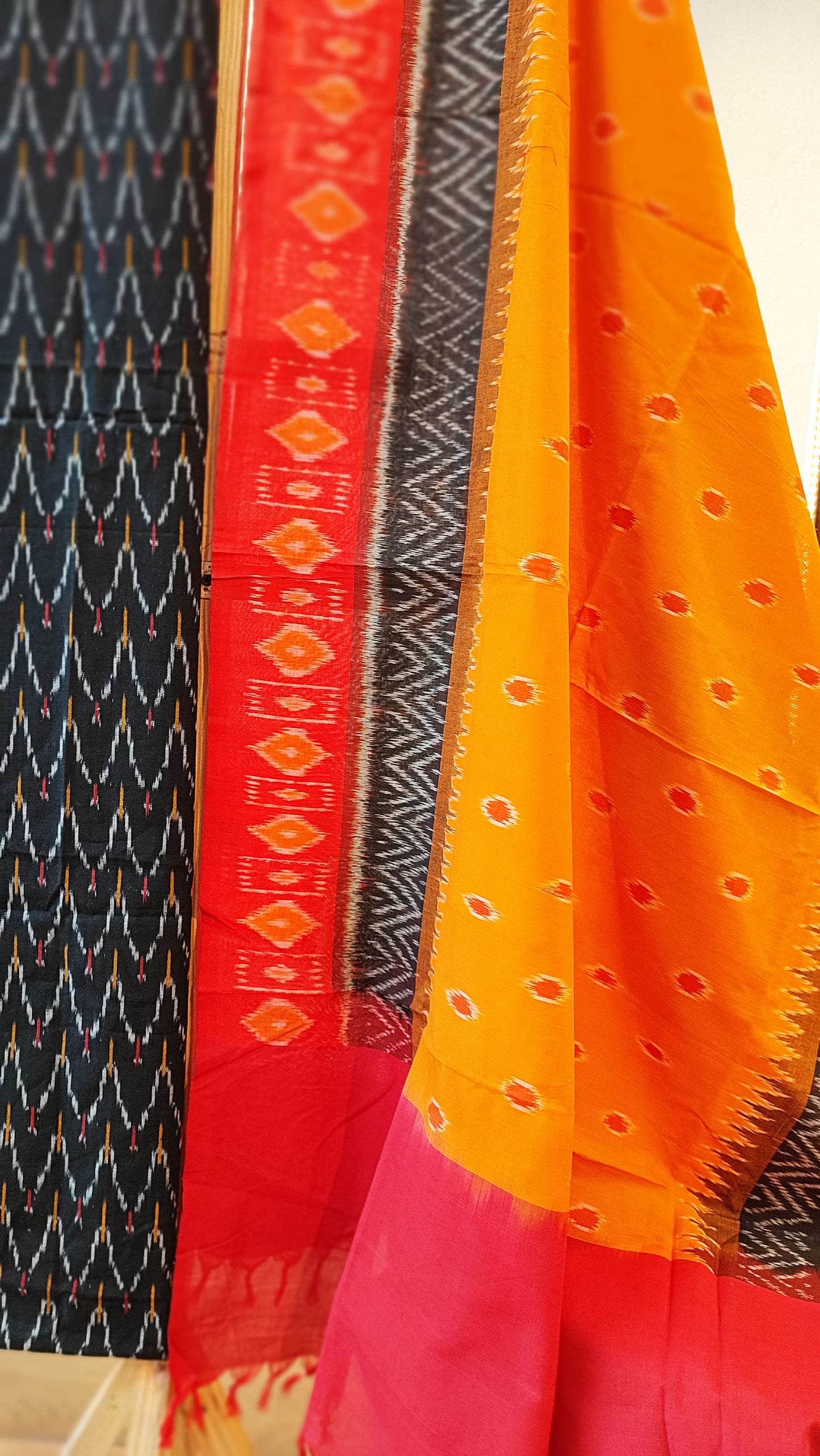 Red, Orange & Charcoal Pure Cotton Handloom Ikkat Suit Set