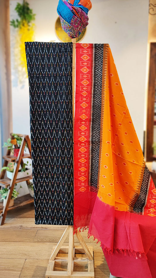 Red, Orange & Charcoal Pure Cotton Handloom Ikkat Suit Set