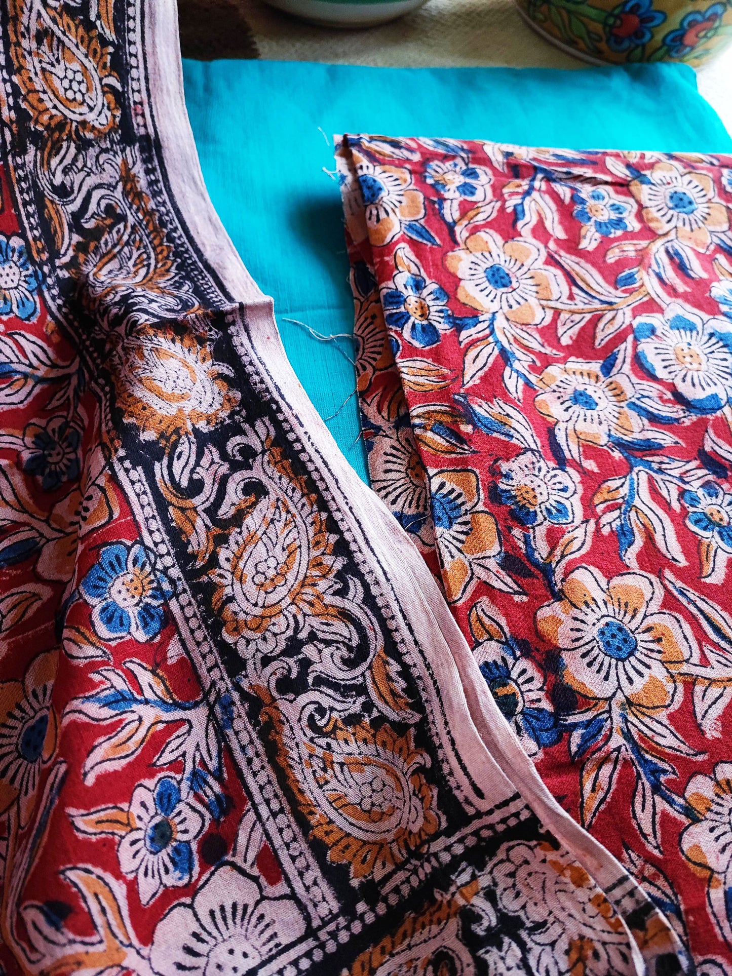 Pure Handloom Cotton Machilipatnam Kalamkari Suit Set With Cyan Bottom