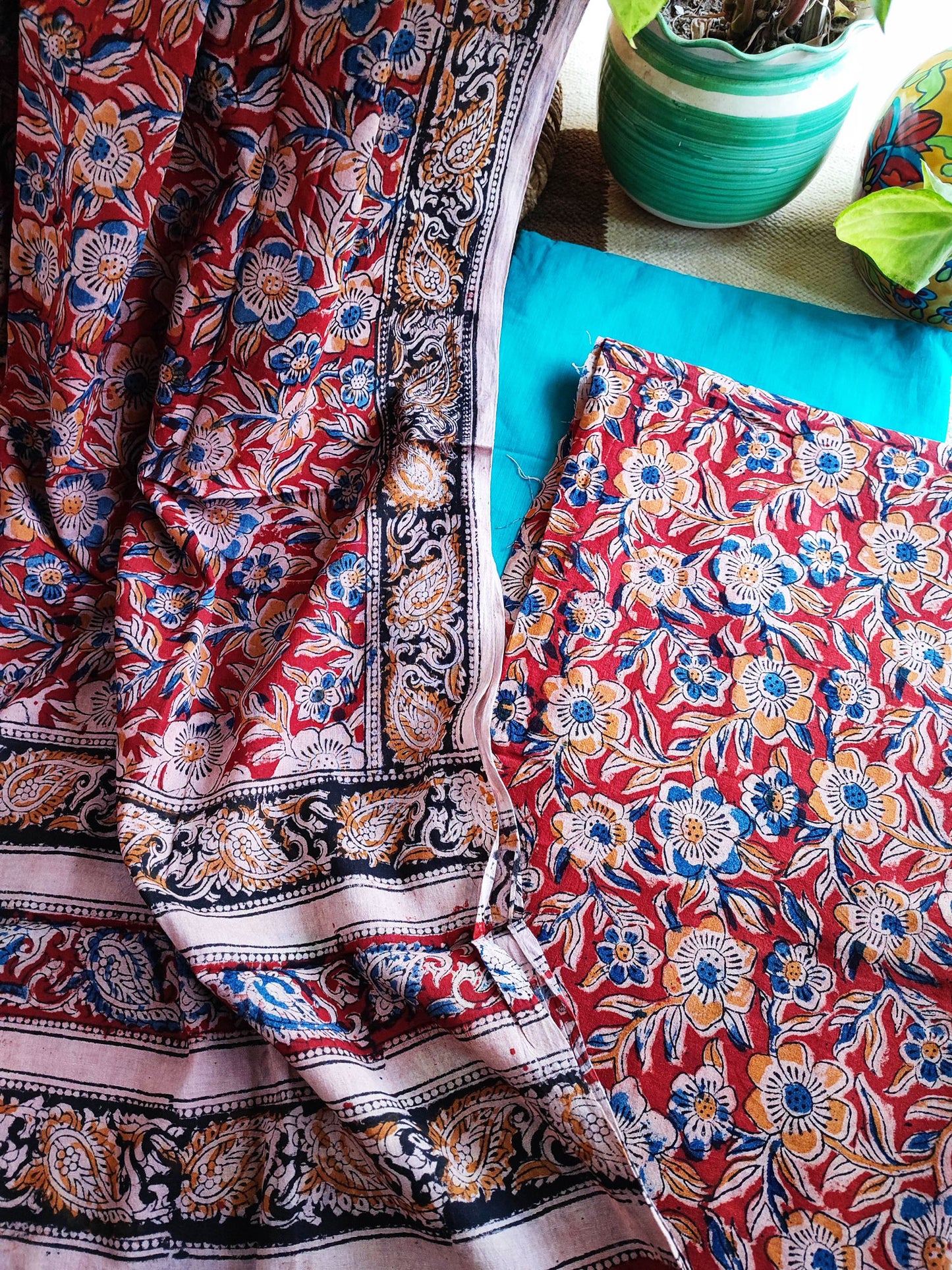 Pure Handloom Cotton Machilipatnam Kalamkari Suit Set With Cyan Bottom