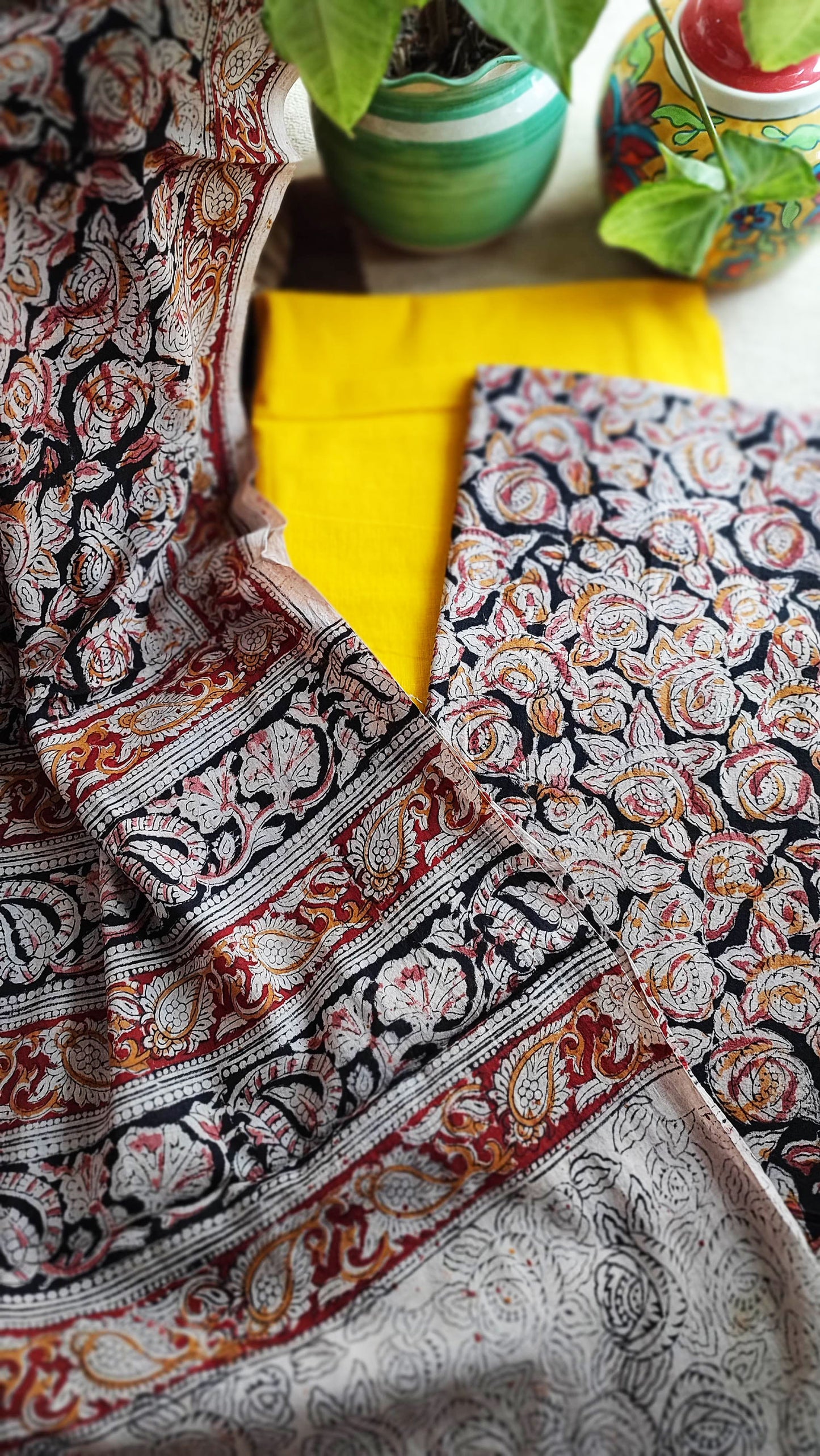 Pure Handloom Cotton Machilipatnam Kalamkari Suit Set With Yellow Bottom
