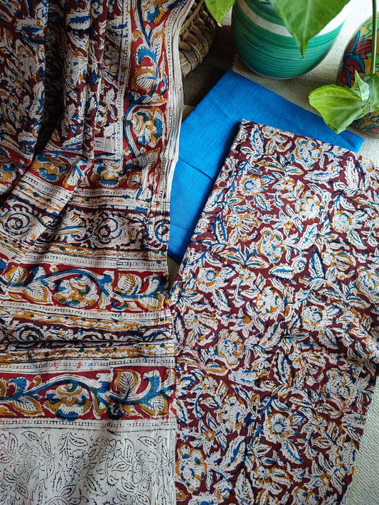 Pure Handloom Cotton Machilipatnam Kalamkari Suit Set With Blue Bottom