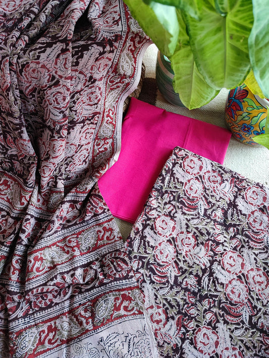 Pure Handloom Cotton Machilipatnam Kalamkari Suit Set With Dark Pink Bottom
