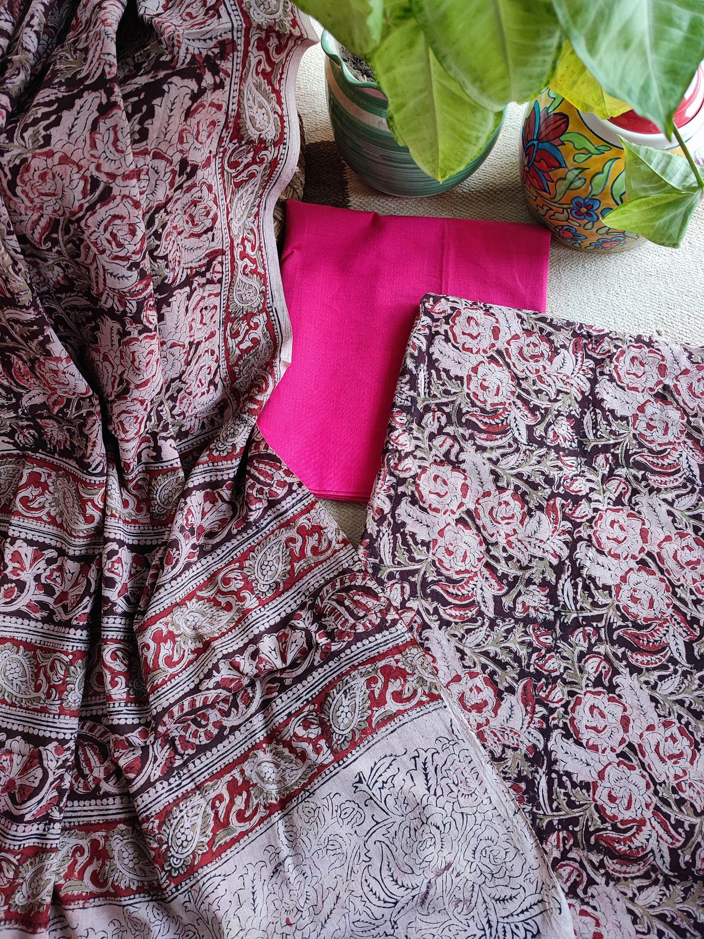 Pure Handloom Cotton Machilipatnam Kalamkari Suit Set With Dark Pink Bottom