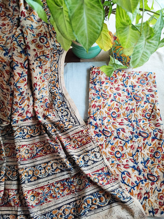 Pure Handloom Cotton Machilipatnam Kalamkari Suit Set With Faded Pista Bottom