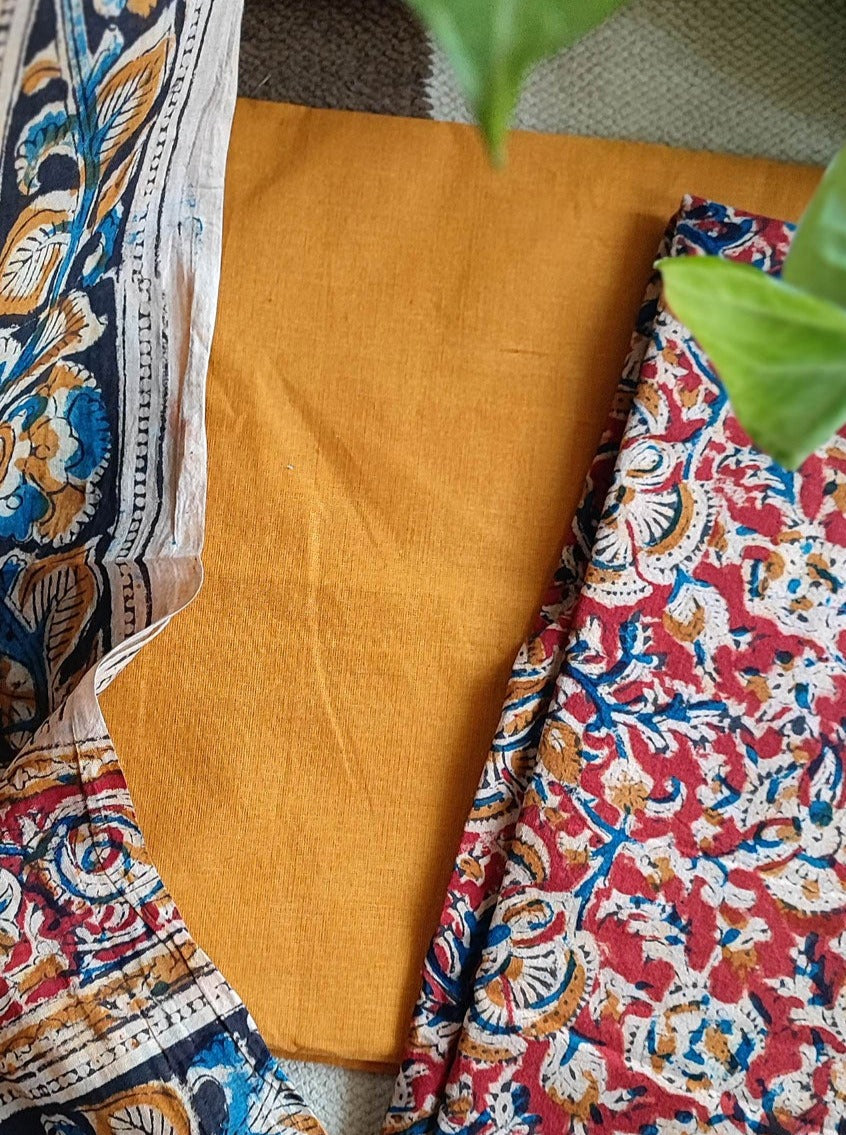 Pure Handloom Cotton Machilipatnam Kalamkari Suit Set With Mustard Bottom