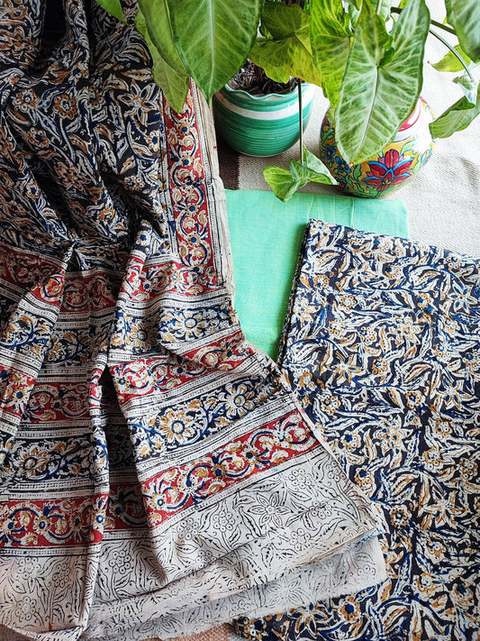 Pure Handloom Cotton Machilipatnam Kalamkari Suit Set With Mint Bottom