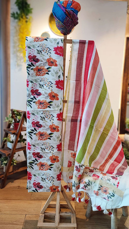 Pure Linen Multicolor Floral Print Suit Set