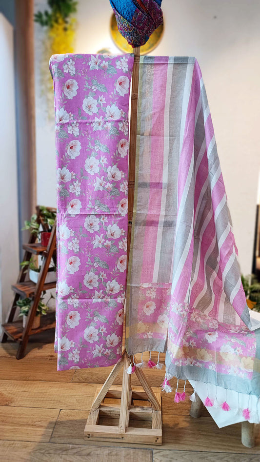 Pure Linen Multicolor Floral Print Suit Set