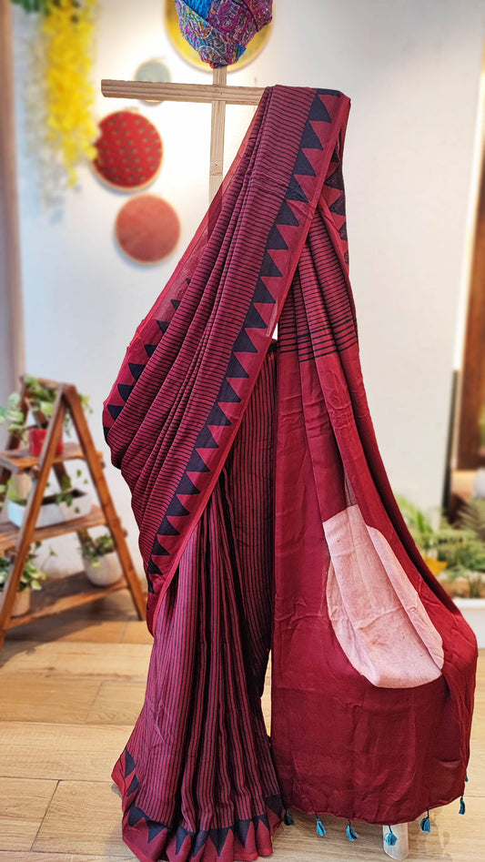 Falu Red Premium Ajrakh Modal Silk Handblock Printed Saree