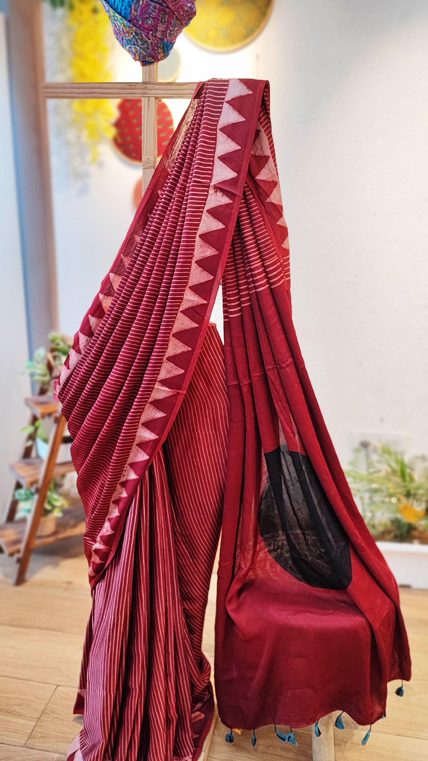 Auburn Red Premium Ajrakh Modal Silk Handblock Printed Saree