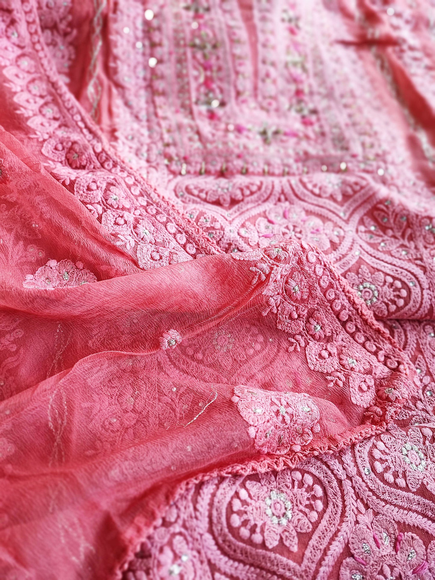 Pink Lucknowi Chiffon Suit With Chikankari Work