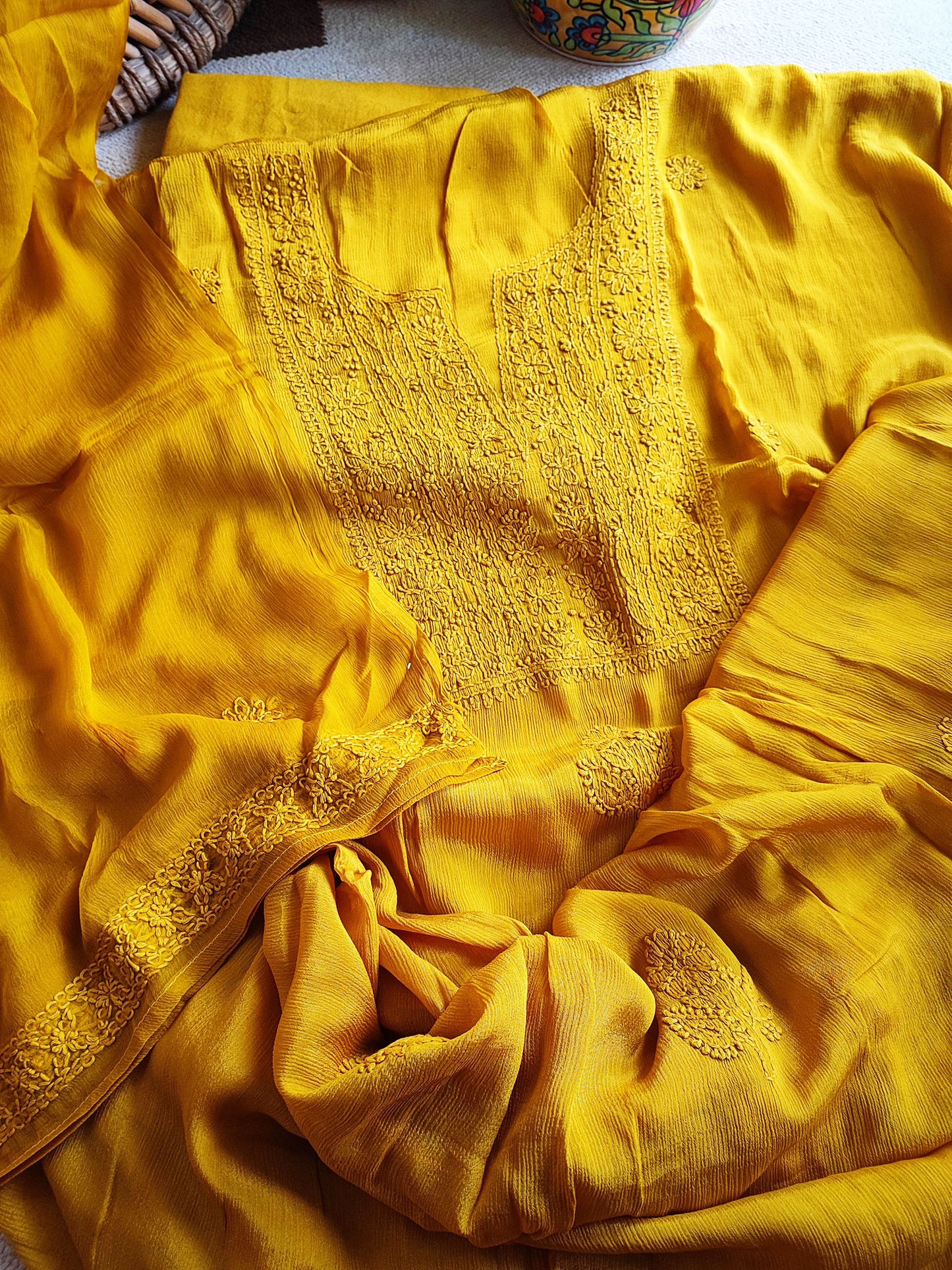 Mustard Lucknowi Chiffon Suit With Chikankari Work