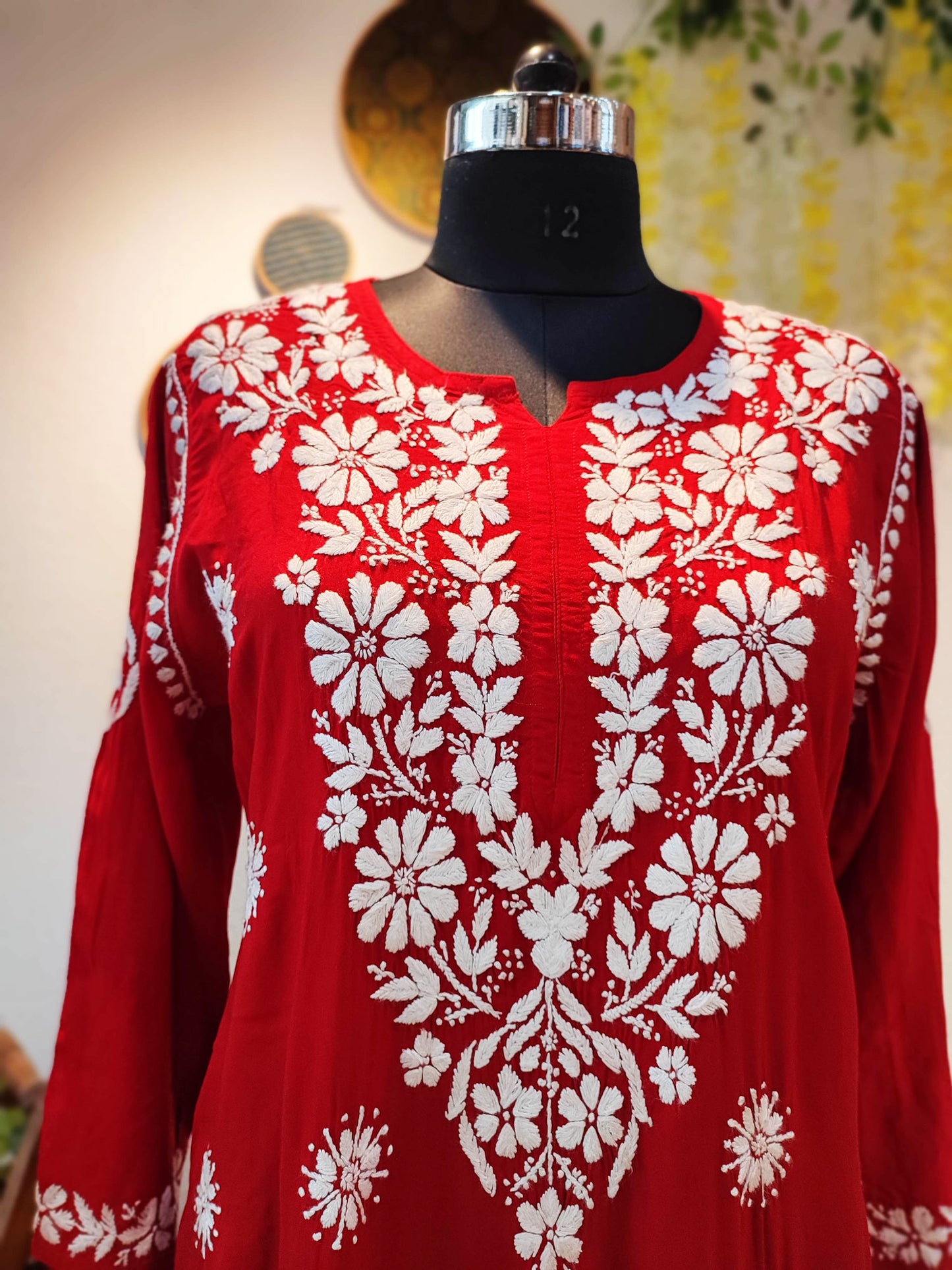 Red Lucknowi Chikankari Modal Silk Kurta