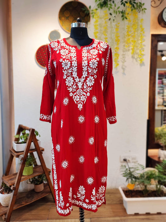 Red Lucknowi Chikankari Modal Silk Kurta
