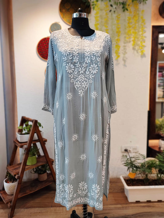 Light Gray Lucknowi Chikankari Modal Silk Kurta