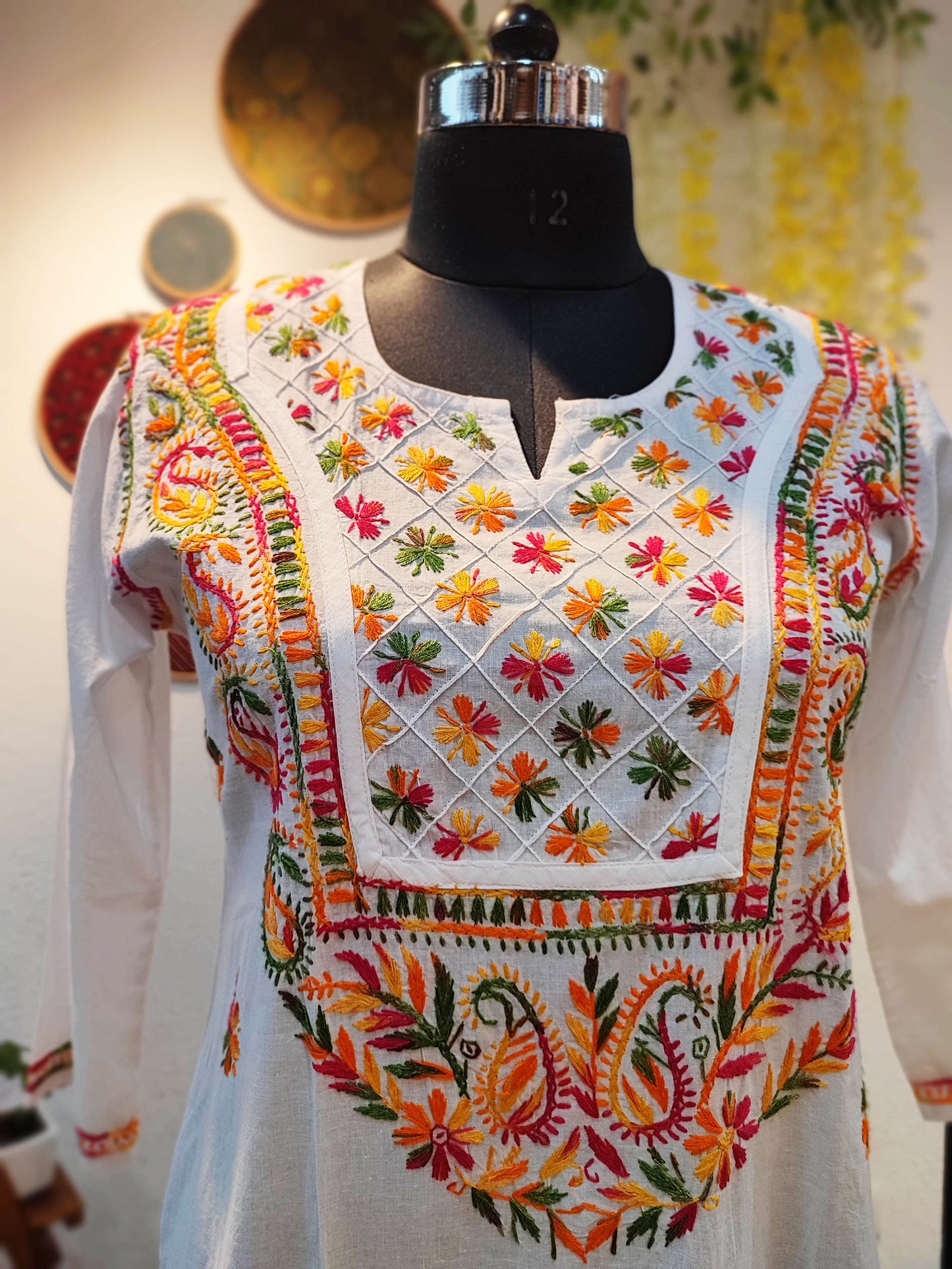 Pure Cotton Lucknowi White Kurta With Multicolor Chikankari Embroidery