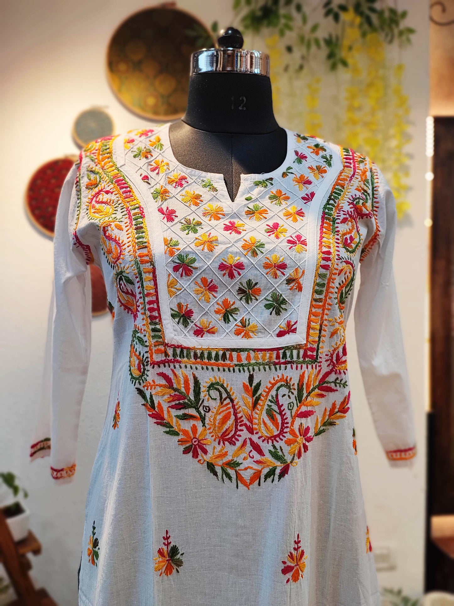 Pure Cotton Lucknowi White Kurta With Multicolor Chikankari Embroidery