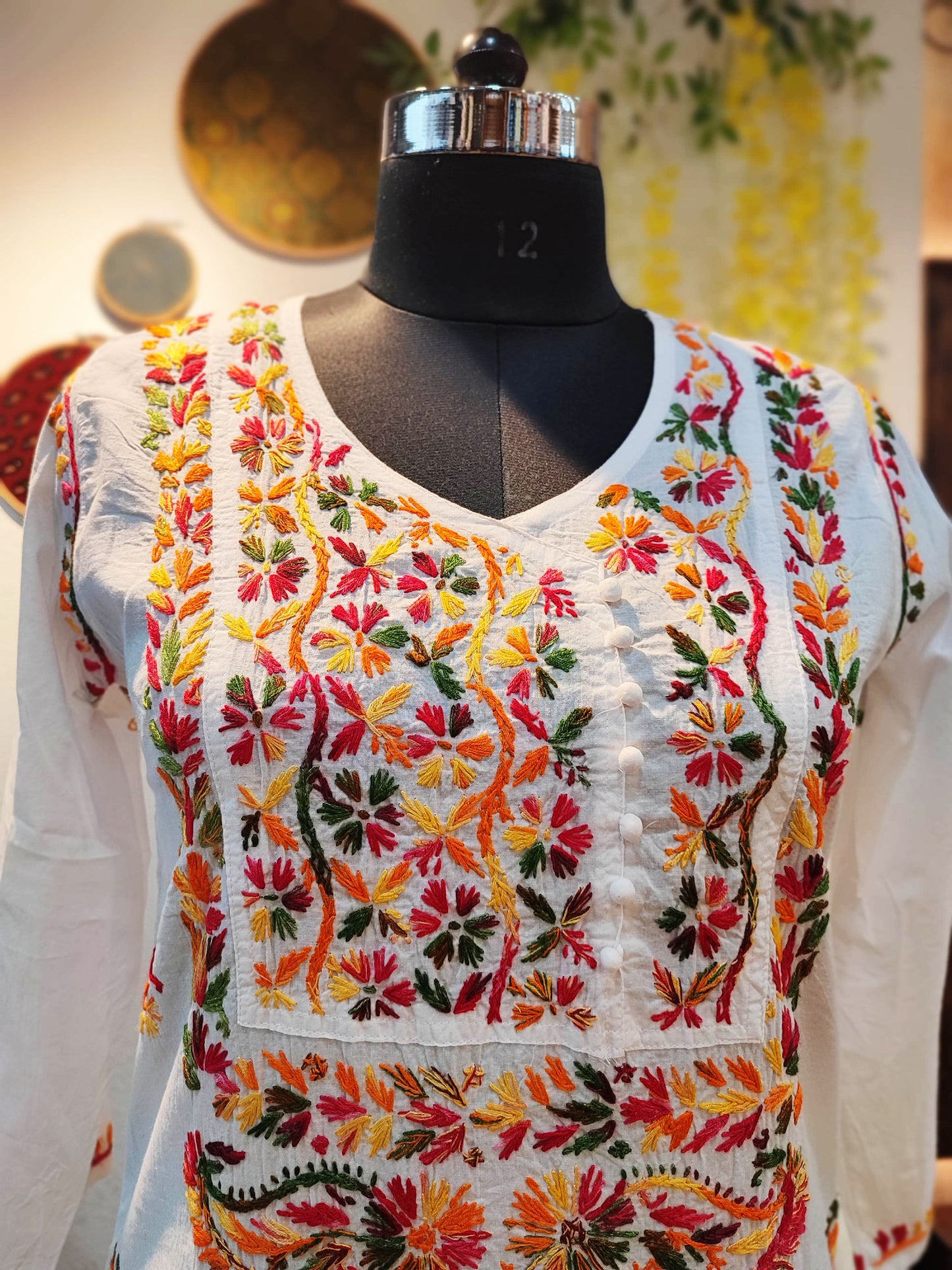Pure Cotton Lucknowi  White Kurta With Multicolor Chikankari Embroidery