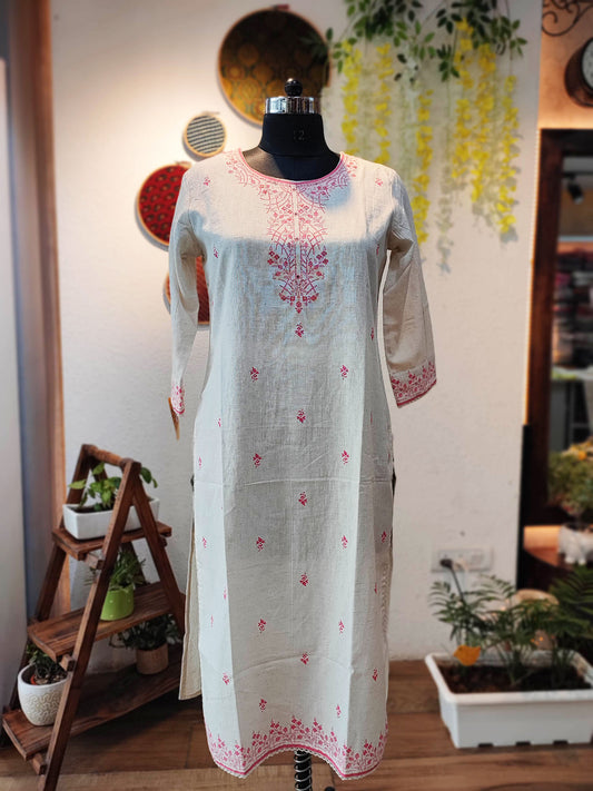 Off-White Handloom Cotton Kurta With Pink Embroidery