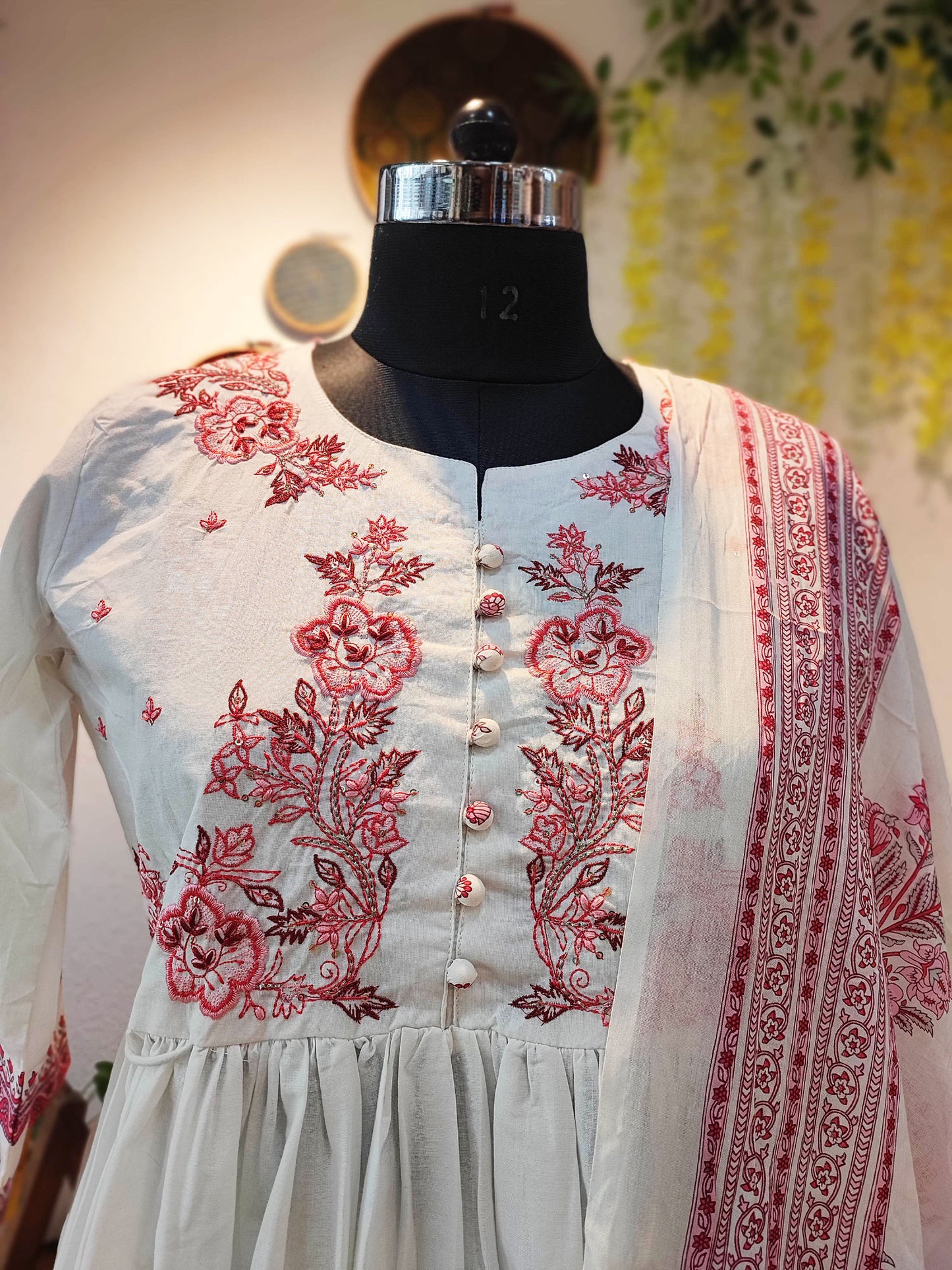 White Cotton Flared Suit With Embroidery & Mulmul Dupatta