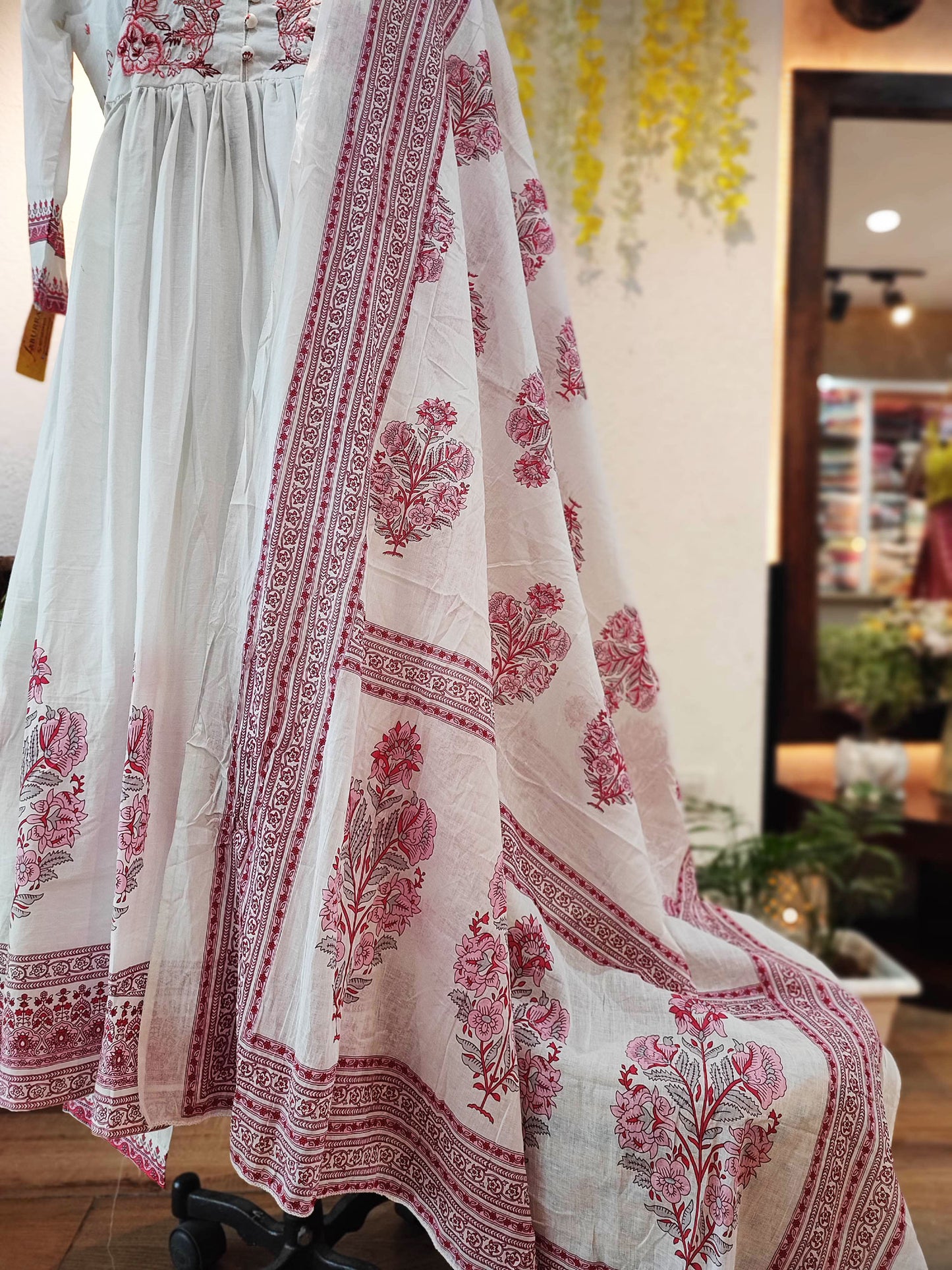 White Cotton Flared Suit With Embroidery & Mulmul Dupatta