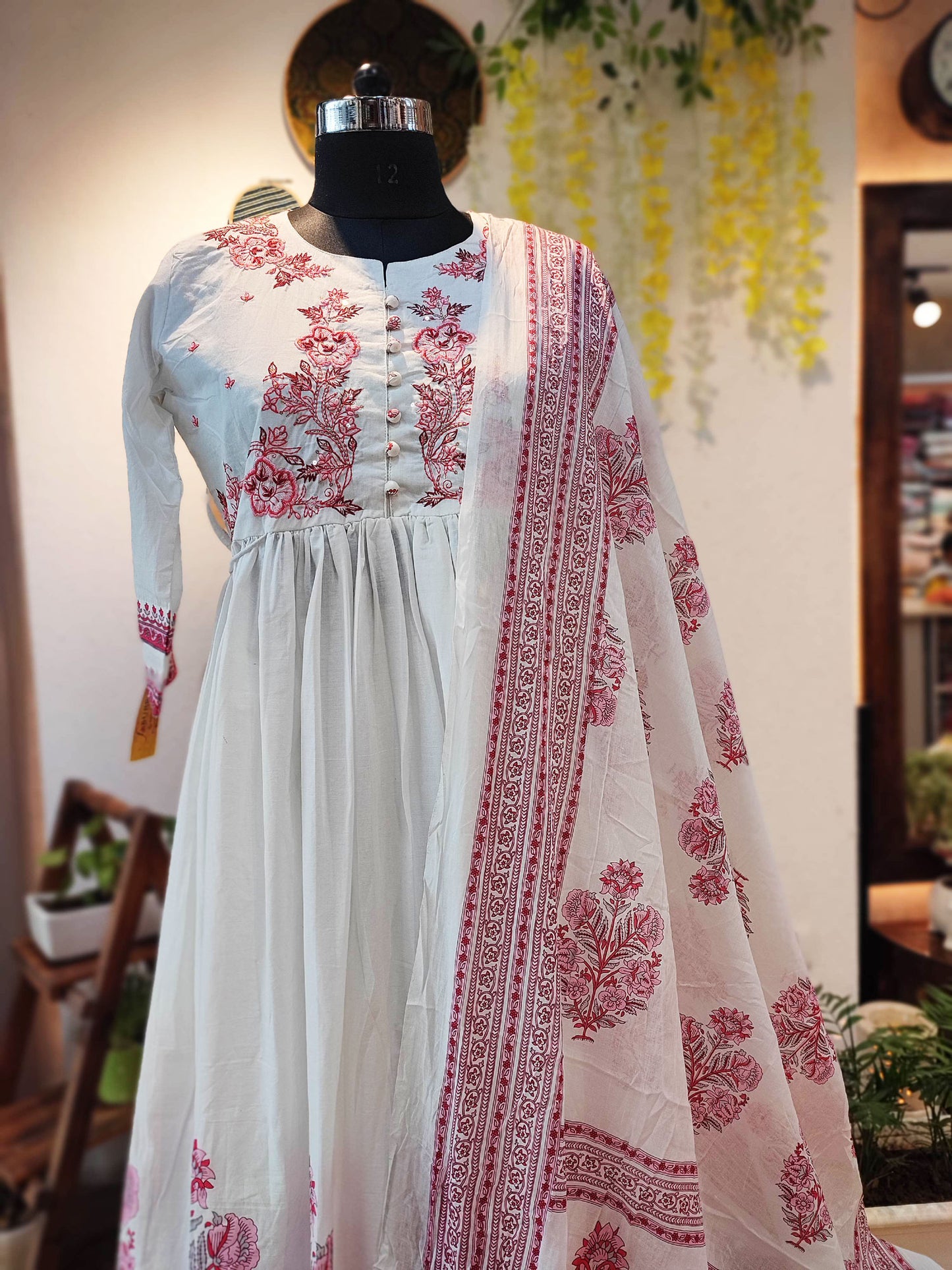 White Cotton Flared Suit With Embroidery & Mulmul Dupatta
