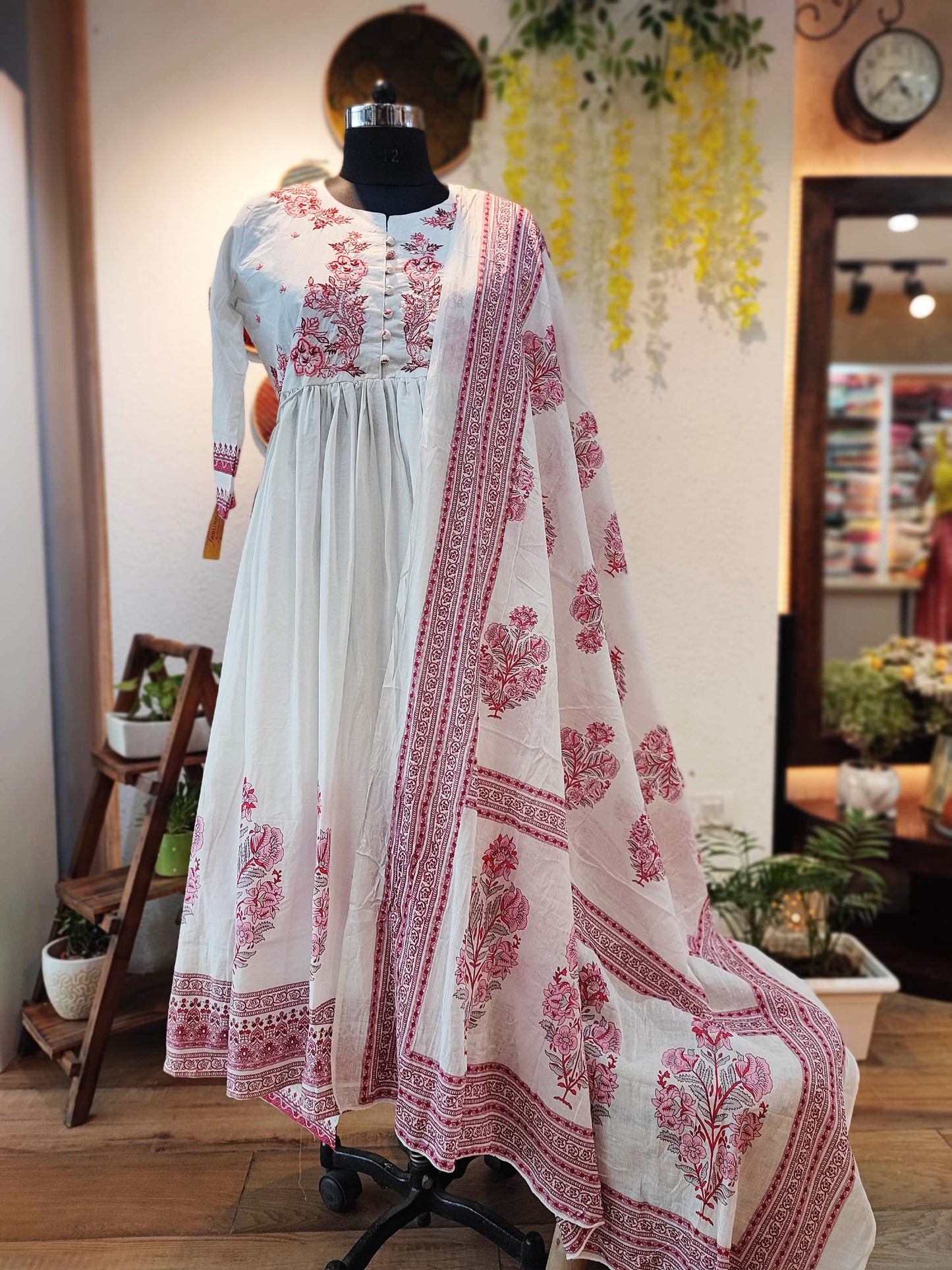 White Cotton Flared Suit With Embroidery & Mulmul Dupatta